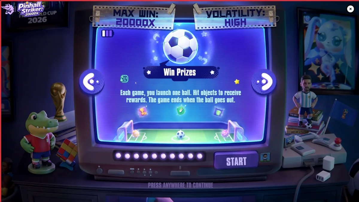 Pinball Striker 20,000x স্লট গেমের নিয়ন স্টেডিয়াম এবং পিনবল মেকানিক্সের দৃশ্য